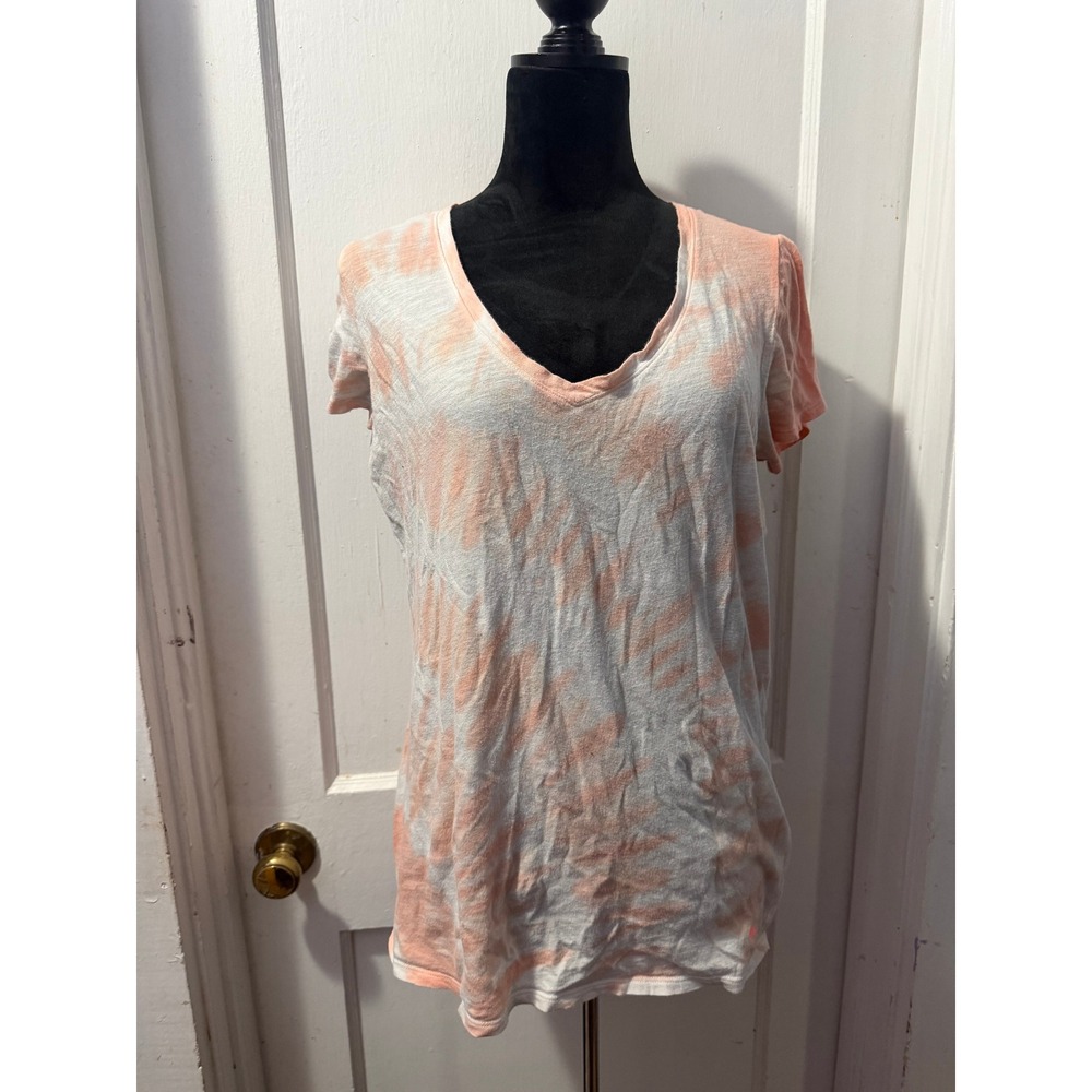 Victoria Secret PINK Tie Dye Short Sleeve V-Neck Top Orange White Medium Cotton